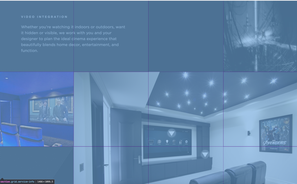 Screenshot of a website with the CSS grid overlay from web developer tools.